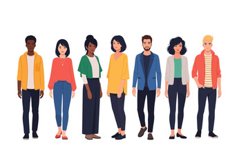 Obraz premium Diverse group of people standing together in a line, showcasing various cultures and styles in a simple illustration.