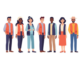 Obraz premium Diverse group of people standing together in a line wearing casual clothing and vests
