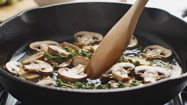 Sliced mushrooms and fresh thyme saut&eacute;ing in butter in cast iron skillet