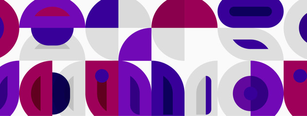 Fototapeta premium Abstract geometric pattern. Circles, rectangles, curves create repeating design. Purple, gray, white colors dominate composition. Minimalist style.
