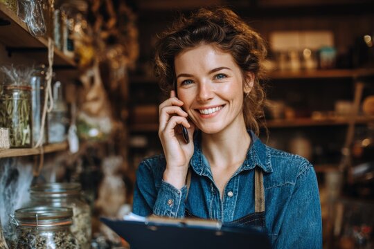 Smiling woman on phone, clipboard, in a shop. Happy small business success.