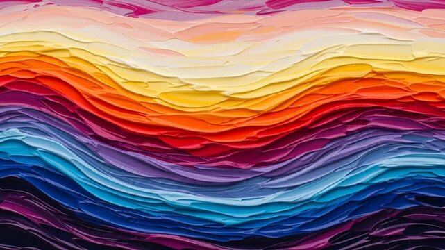 Vibrant colored layers stacked horizontally create a wavy abstract background with gradient hues.