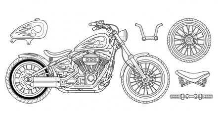 Detailed technical drawing of a custom motorcycle and its parts. © Dita