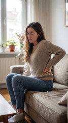 Obraz premium Young woman sitting on a couch experiencing lower back pain and discomfort