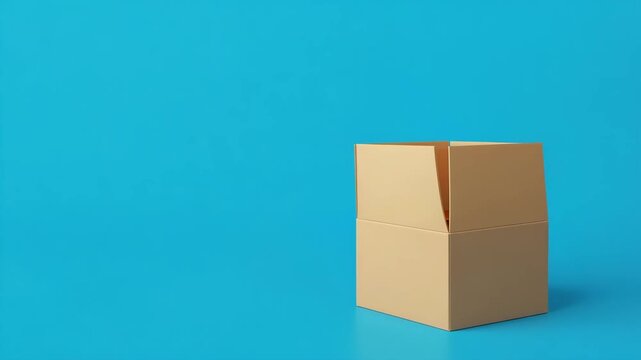 Open Cardboard Box Animation on Blue Background Unboxing Concept Loop