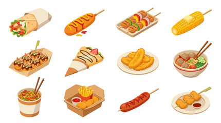 Isometric 3D icon set of various fast food items on plates and in containers.
