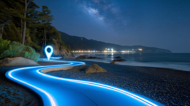 Vibrant neon blue road pathway illuminated at night, guiding adventurers to exciting destinations with a glowing location marker. A futuristic landscape with a starry sky, the glowing marker adds a
