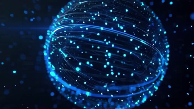 Dynamic blue abstract sphere, glowing interconnected particles visualize future global data networks and digital information flow