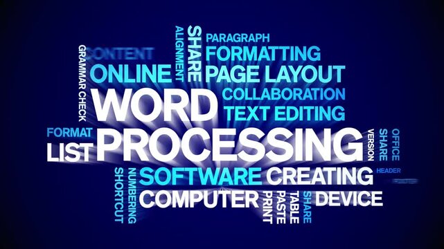 Word Processing animated word cloud-text design animation tag kinetic typography seamless loop.