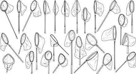 Hand-drawn seamless pattern of various fishing, butterfly, and insect nets. Black and white sketch background for outdoor, hobby, and collection activities. © pixsource