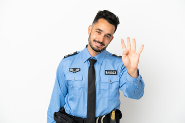 Fototapeta premium Police caucasian man isolated on white background happy and counting four with fingers