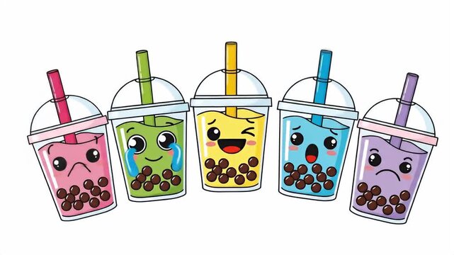 Five cartoon boba drinks, various flavors, pastel colors, with cute faces, on white