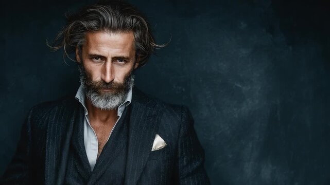Sophisticated Portrait of a Stylish Man with Distinctive Beard and Hair, Exuding Confidence and Charm Against a Dark, Textured Background