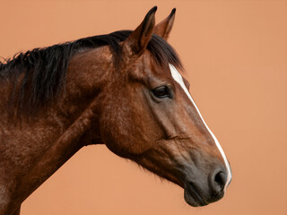 Obraz premium Close-up Portrait of a Brown Horse Head in Profile Against Warm Orange Background, Realistic Photography with Detailed Fur and Expressive Eye for Equestrian or Animal-Themed Projects
