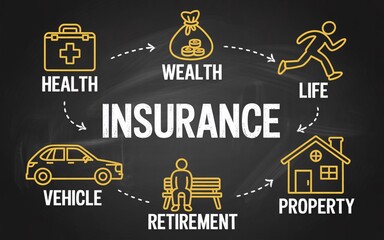 Insurance concept icons for health life property and vehicle coverage with wealth and retirement benefits