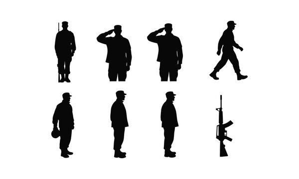 Soldier poses set with military salute and marching guards vector silhouette illustration art