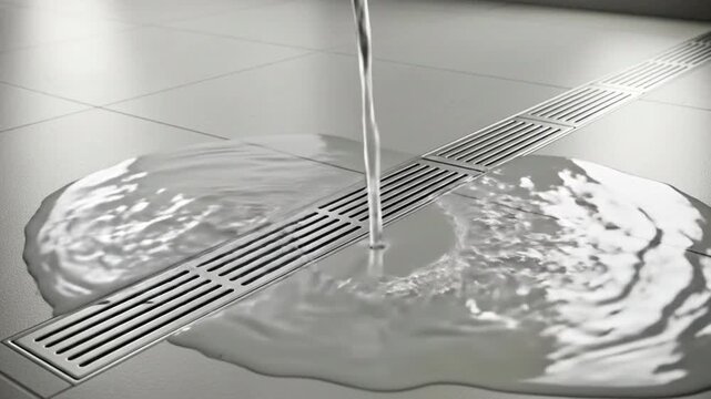 Water pooling around a drain on a sleek tiled surface.