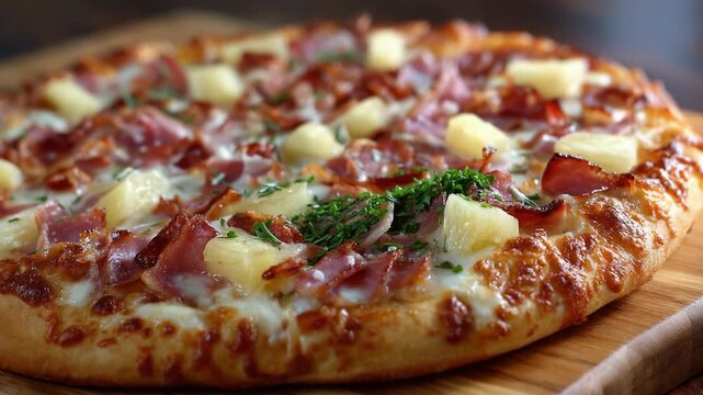 Delicious Hawaiian Pizza with Ham and Pineapple Toppings, Baked to Perfection on a Crispy Crust, Garnished with Fresh Herbs for a Flavorful Culinary Experience