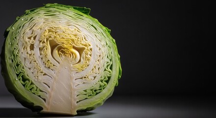 Obraz premium Fresh green cabbage half cut close-up showing inner layers and texture on dark background perfect for Brussels Sprouts & Cabbage Month