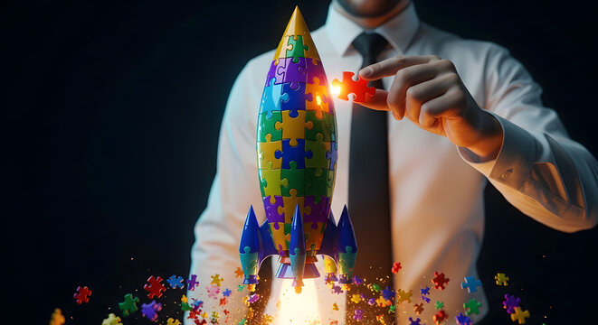 Pengusaha meluncurkan roket puzzle warnawarni untuk kesuksesan kreatif