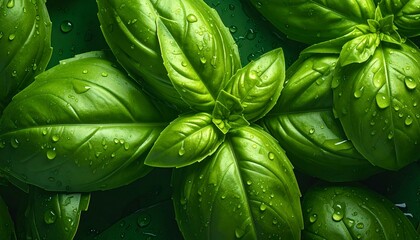 Fototapeta premium Fresh basil leaves with water droplets on dark background, macro realism
