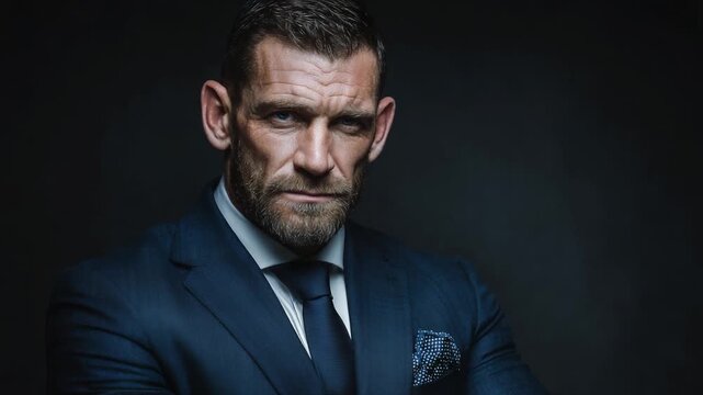 A Powerful Presence: The Intense Gaze of a Confident Man in Formal Attire, Exemplifying Strength and Determination in a Dark Environment