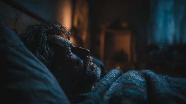 A contemplative moment captured in two frames, showcasing a man lying in bed, illuminated softly by ambient light, reflecting on life in stillness and solitude.