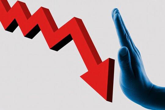 Market crash concept with red downward arrow and hand