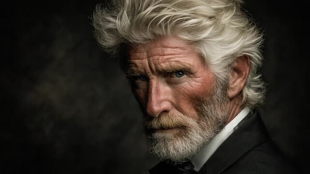 A Dramatic Portrait of a Distinguished Older Man with Striking White Hair and a Captivating Gaze in a Darkened Background