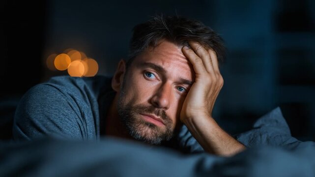 A contemplative man reflects on his thoughts at night, revealing deep emotions through his thoughtful gaze while lying in bed surrounded by a dark, tranquil atmosphere.