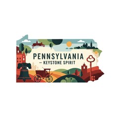 Obraz premium Refined modern illustration of Pennsylvania with historic brick tones and river lines, muted palette, lettering “Pennsylvania — Keystone Spirit”