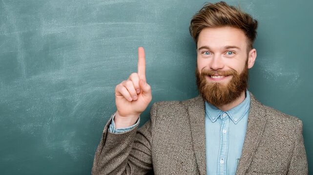 A confident man with a beard and stylish attire stands before a green chalkboard, raising his finger as if to share an important idea or insight, embodying enthusiasm and curiosity.