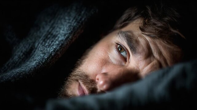 A man lies under a dark blanket, gazing intently with expressive eyes, evoking feelings of introspection and vulnerability in a serene, intimate setting that captures quiet moments of contemplation.