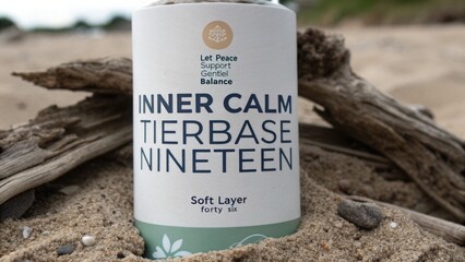 Inner Calm Product on Sand Background with Natural Elements for Wellness and Relaxation Themes in a Serene Beach Setting