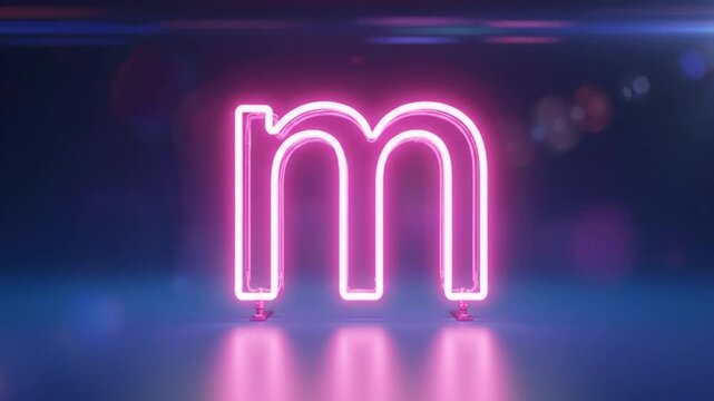 Neon illuminated letter M in a dark studio setting with pink and purple lighting for a stylish visual