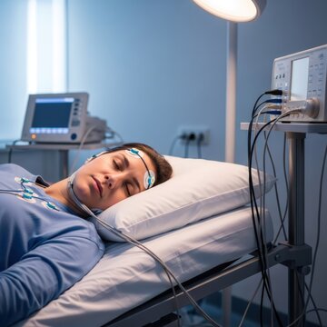 Woman performing polysomnography exam undergoing sleep study for diagnosis. Medical testing to analyze brain waves, oxygen, heart rate.