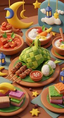 Fototapeta premium Ramadan Feast: Ketupat, Satay, Desserts, and Festive Decorations