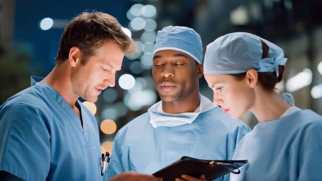 A veteran surgeon reviewing preoperative imaging with junior colleagues, pointing out anatomical subtleties only experience reveals &mdash; surgical precision, expert interpretation, and operating-room