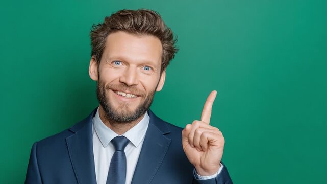 A confident gentleman in a suit gestures with his finger raised, expressing a moment of realization and excitement against a vibrant green background.