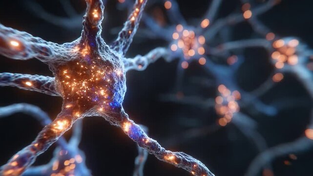 A Stunning Close-Up of Neurons with Glowing Synapses, Capturing the Intricate Networks and Dynamics of Neural Activity in a Microscopic View