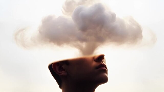 A surreal image of a cloud-like haze disappearing into a person's head, suitable for psychological content, brainstorming, or mental health.