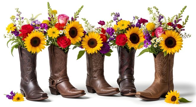 Botas r&uacute;sticas de vaquero con ramos florales, ilustraci&oacute;n de boda occidental, decoraci&oacute;n de estilo de vida campestre, moda vaquera vintage, arreglo floral, encanto sure&ntilde;o, rancho.