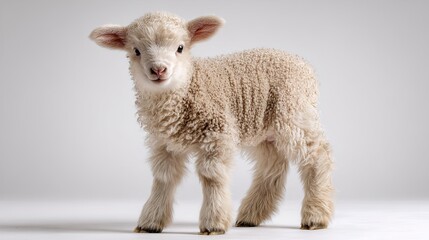 Naklejka premium Adorable Baby Lamb Standing on White Background – Fluffy Farm Animal Portrait