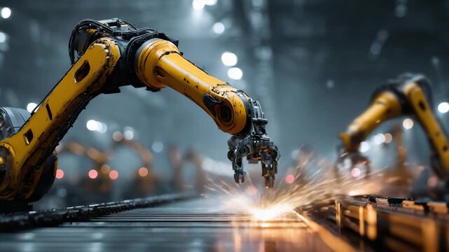 A close-up view of advanced robotic arms engaged in metalworking within a high-tech factory, showcasing their precision and efficiency in manufacturing processes.