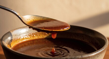 Fototapeta premium Golden honey drizzling over spoon into dark brown sauce in ceramic bowl close-up food photography perfect for Filipino Food Month