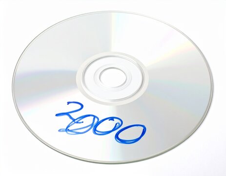 青いペンで2000と書かれた白いCD-R。データ保存や思い出を象徴するレトロな記録メディア