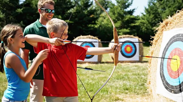 Young boy learning archery hitting bullseye on a target with an instructor, demonstrating focus, concentration, skill, and success while practicing in a summer camp