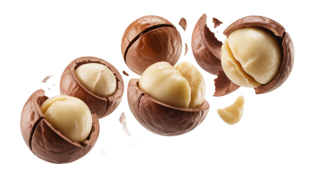 Chocolate covered macadamia nuts bursting open opening isolated on a transparent background