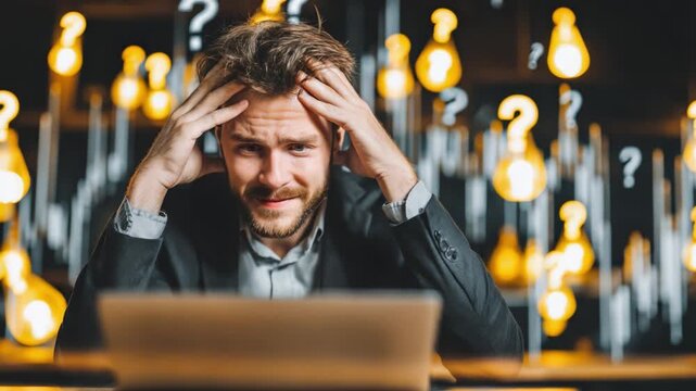 A man struggles with confusion and stress while working on a computer, surrounded by question marks and dim lighting, reflecting a challenging thought process.
