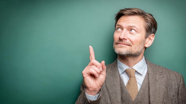 A Professional Man with a Thoughtful Expression Gestures Upwards, Signifying Ideas, Creativity, or Inspiration Against a Solid Green Background